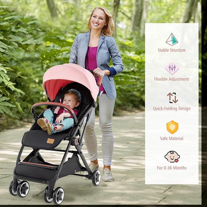 BABY JOY Lightweight Baby Stroller, Compact Toddler Travel Stroller for Airplane with 5-Point Harness, Adjustable Backrest/Footrest/Canopy, Storage Basket, Easy One-Hand Fold (Pink)