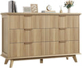 QUW Fluted Dresser for Bedroom with 6 Drawers, 47.2" Wide Modern Chest of Drawers with Metal Handle, Wooden Dresser TV Stand and Closet Clothes Storage Organizer for Living Room, Hallway, Natural Oak