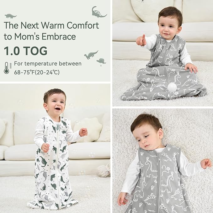 Baby Sleep Sack 0-6 Months 1.0 Tog Baby Wearable Blanket 100% Cotton Sleeping Sack with 2-Way Zipper for Infant Newborn Gray White Dinosaur