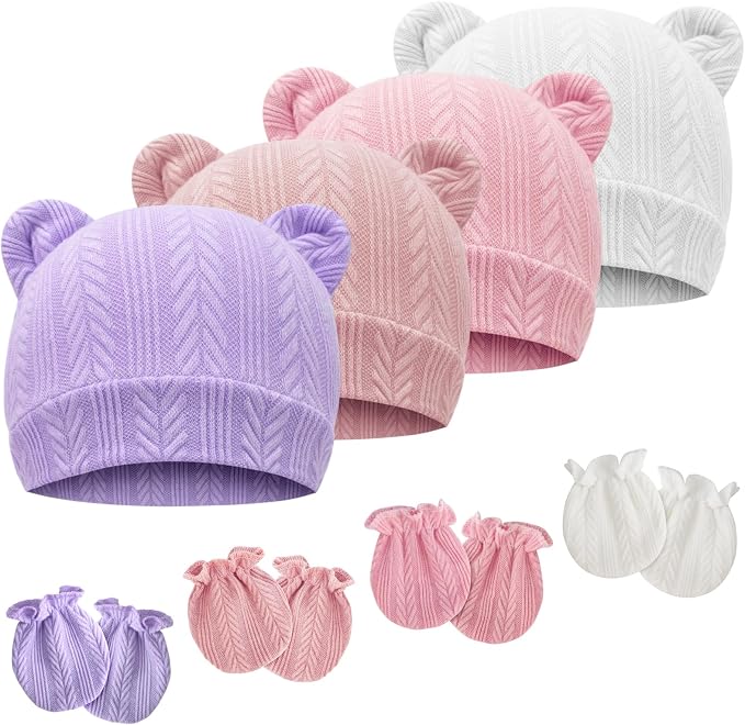 Newborn Baby Hat and Mittens Set Bear Ears Toddler Infant Beanie Caps Newborn by AQOKKA