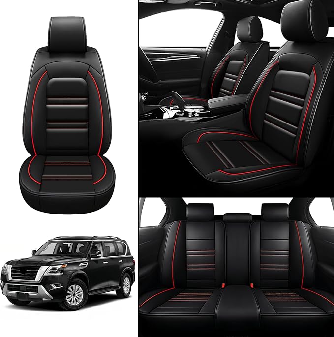 Seat Covers for Nissan Car Armada 2004-2024 | 5-Seats Leather Seat Covers, Easy to Install Automotive Seat Covers Full Set (Full Set, Black&Red Line)