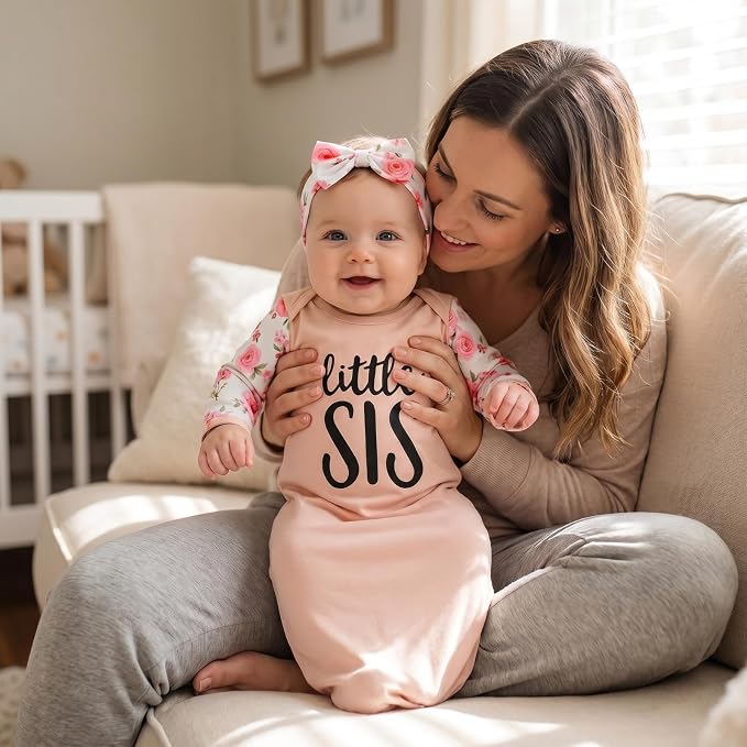 AMAWMW Newborn Baby Girl Little Sister Sleeper Gown Stripe Long Sleeve - Image 4