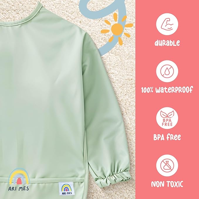 ARI MES Long Sleeves Waterproof Baby Bibs for Eating - Yellow Stripes, Medium- Wearable, Coverall for Toddler, Long Sleeve Bib, Smock for Toddler, Apron for Feeding - Applicable for 6-72 Months