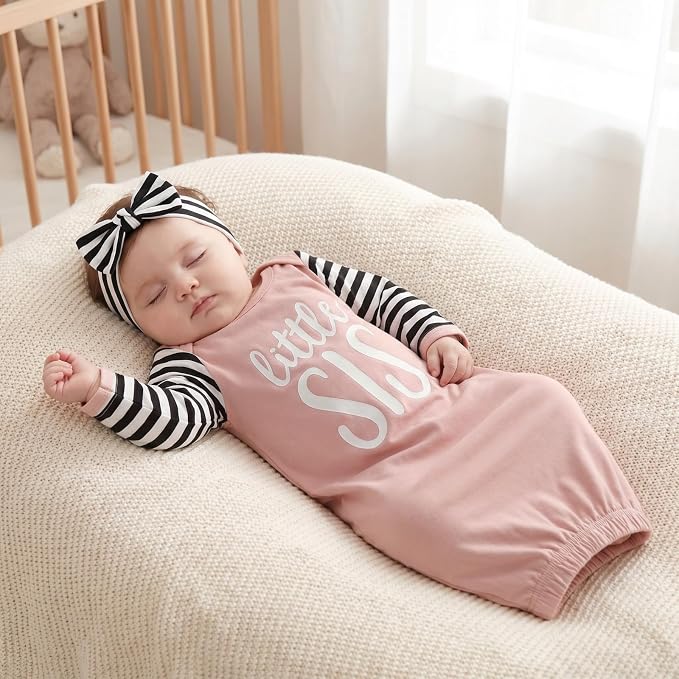 AMAWMW Newborn Baby Girl Little Sister Sleeper Gown Stripe Long Sleeve - Image 3