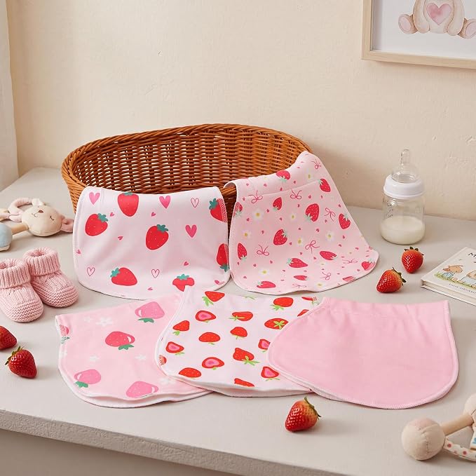 SmoothNovelty 5 Pack Strawberry Baby Burp Cloths Soft Absorbent Burping Rags - Image 4