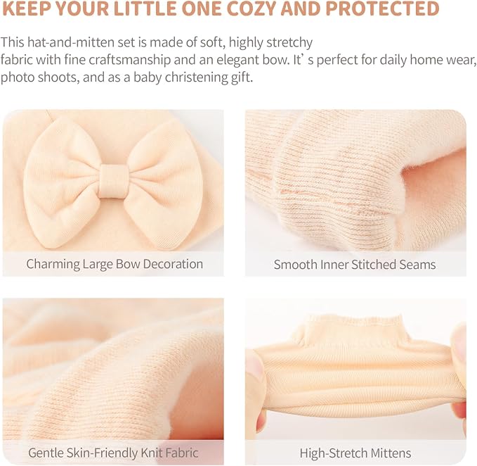 BQUBO Newborn Girls Hats Baby Hat and Mittens Set Infant Caps Bow Hospital - Image 5