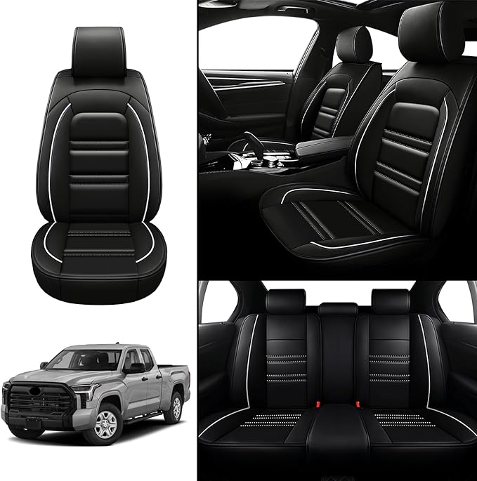 Seat Covers for Toyota Tundra 2000-2025 | 5-Seats Leather Seat Covers, Easy to Install Automotive Seat Covers Full Set (Full Set, Black&White Line)