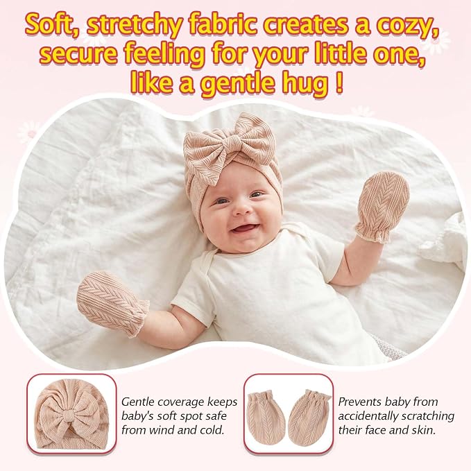 8 Sets Newborn Baby Girl Bow Hats and Mittens Turban Beanies 0-3M | Cotton - Image 4