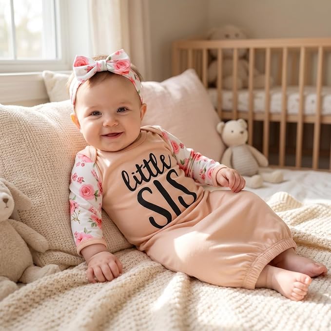 AMAWMW Newborn Baby Girl Little Sister Sleeper Gown Stripe Long Sleeve - Image 3
