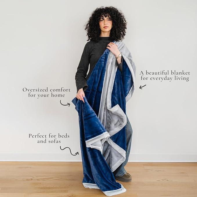 Saranoni Oversized Blanket Soft Plush Adult Blanket Navy Gray XL 60x80 | - Image 2
