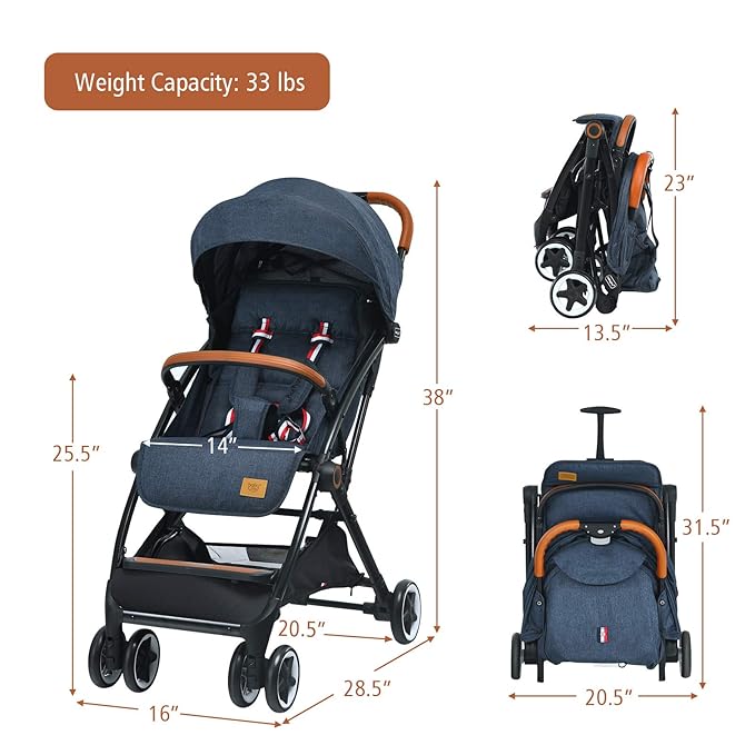 BABY JOY Lightweight Baby Stroller, Compact Toddler Travel Stroller for Airplane, Infant Stroller w/ 5-Point Harness, Adjustable Backrest/Footrest/Canopy, Storage Basket, Easy One-Hand Fold, Blue