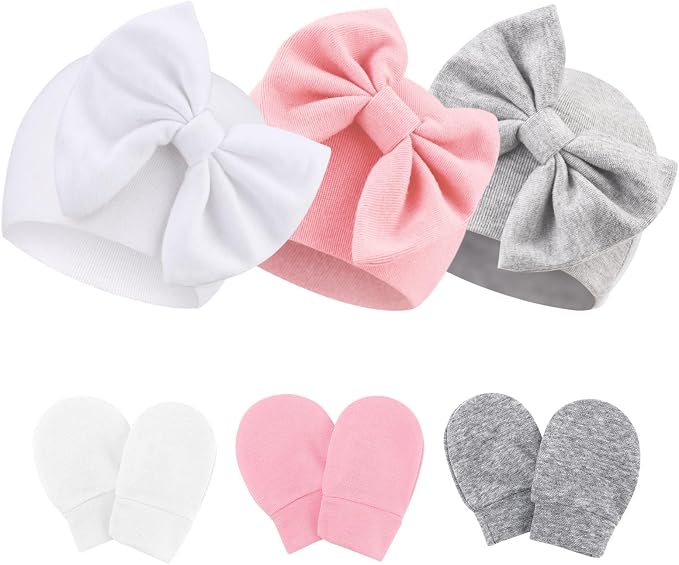 Newborn Baby Hats and Mittens Set Infant Bow Beanie Cap Toddler Gloves Newborn by AQOKKA