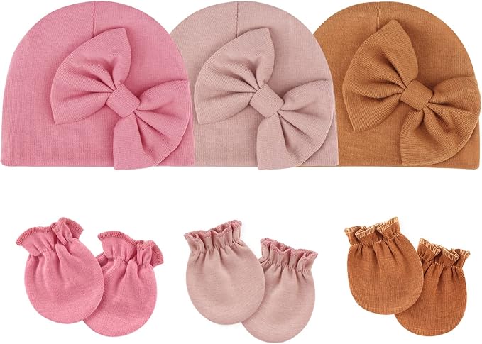 BQUBO Newborn Girls Hats Baby Hat and Mittens Set Infant Caps Bow Hospital - Image 2