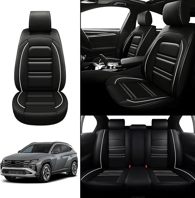Seat Covers for Hyundai Car Tucson 2005-2025 | 5-Seats Leather Seat Covers, Easy to Install Automotive Seat Covers Full Set (Full Set, Black&White Line)