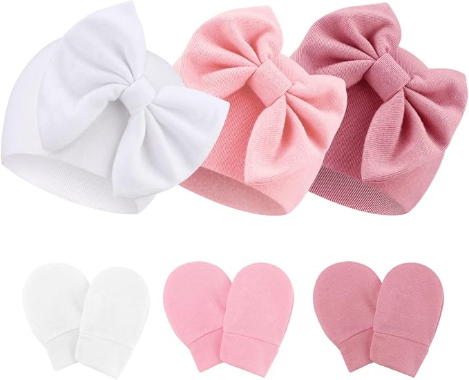Newborn Baby Hats and Mittens Set Infant Bow Beanie Cap Toddler Gloves Newborn by AQOKKA