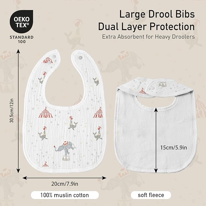 GLLQUEN BABY Muslin Drool Bibs for Boys Girls 8 Pack, Adjustable Baby Bibs for Drooling and Teething, Soft Cotton Baby Bandana Bib for Newborn Feeding Essentials (Circus)