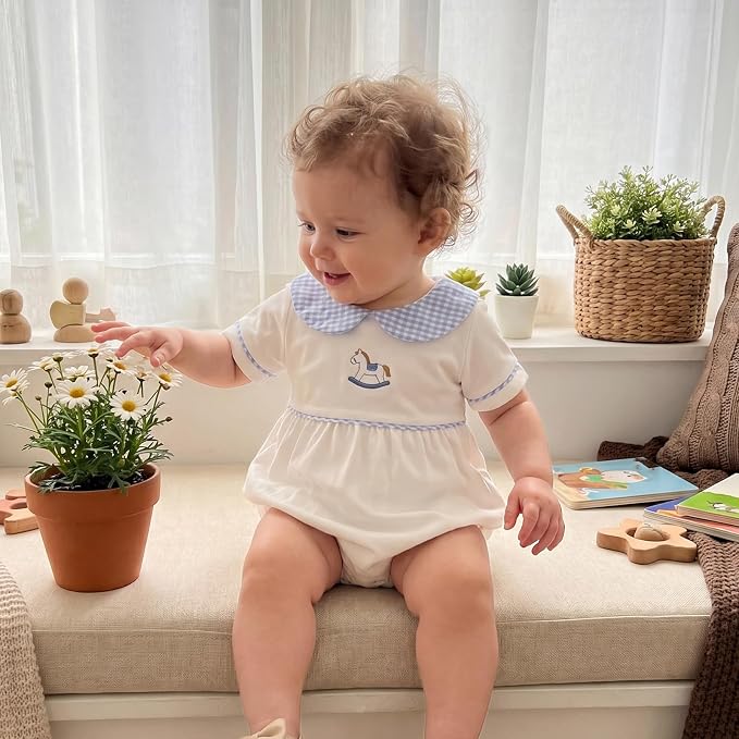 Baby Boy Girl Bubble Romper Short Sleeve Collar Summer Bodysuit - Image 2
