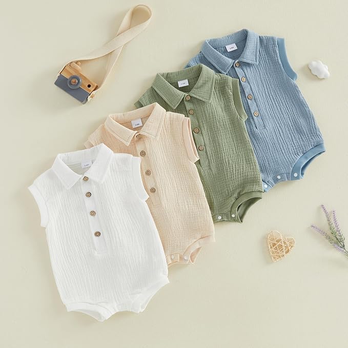 Honganda Newborn Baby Boy Cotton Linen Romper Short Sleeve Lapel Collar Button - Image 7