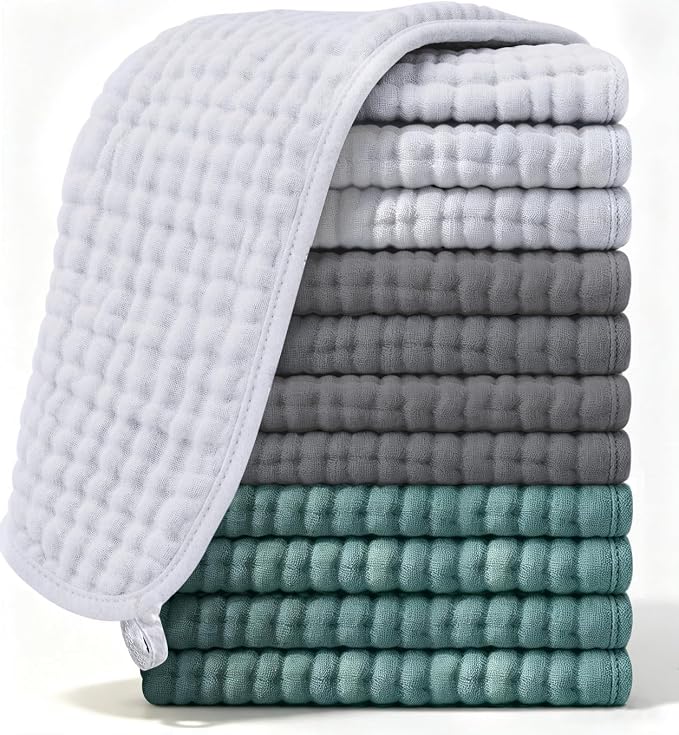 Ease Cubs 12 Pack Muslin Burp Cloths Large 100% Cotton Hand Washcloths by Ease+Cubs