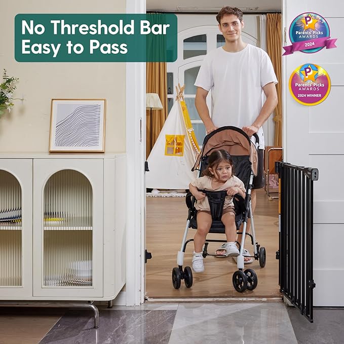 Babelio Baby Gate for Stairs, Kitchen & Doorways, No Bottom Bar| One-Handed Operation| Auto-Close| Hardware Mount (Drill Needed) Safety Dog/Pet Gate (Black - B17, 26-43" W, 28" H)