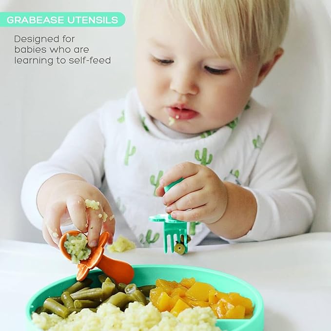 Grabease Baby Feeding Utensils Set - Infant and Baby Fork and Spoon for Ages 1-11 Months, BPAs and Phthalate-Free Cutlery, 2 Sets, Mint and Orange
