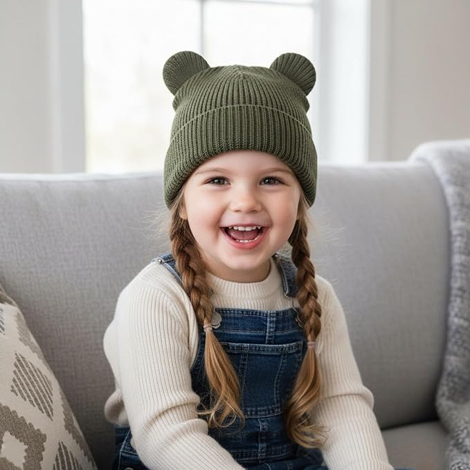 Hadetoto Cotton Baby Beanie Winter Knitted Hat, 2 Pack | Bear Ear Design - Image 3