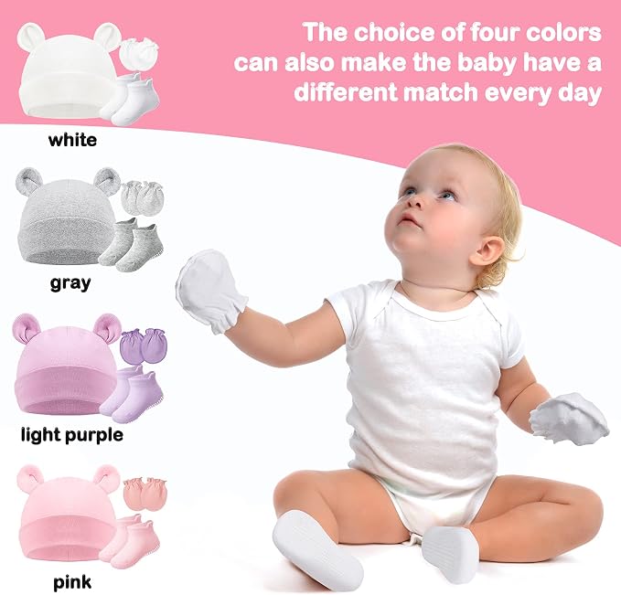 Syhood 4 Sets Baby Hat Mittens Socks Bear Ear - Image 7