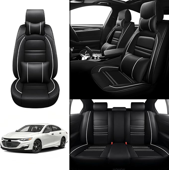 Car Seat Covers for Chevy Malibu 2004-2025 | 5-Seats Seat Covers, Waterproof Seat Protectors, Automotive Seat Covers (Full Set with Pillow,Black&White Line)