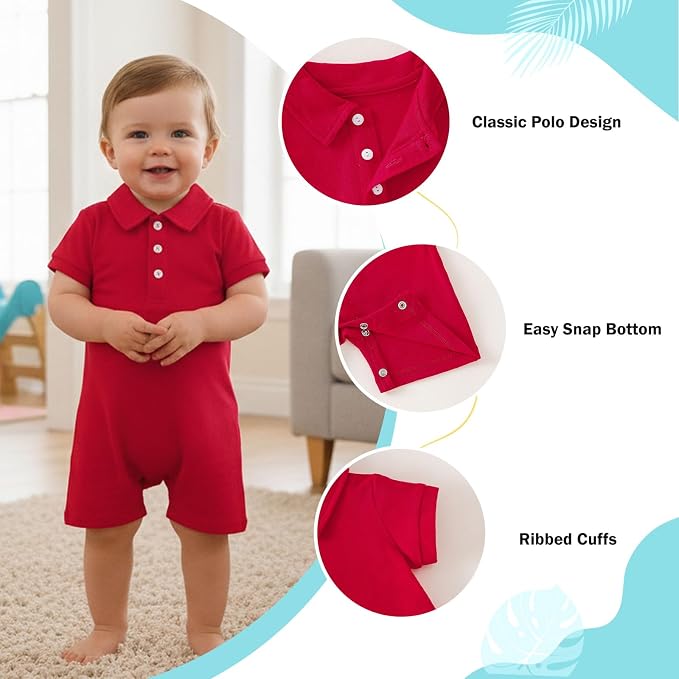 DEFAHN Baby Boy Polo Romper Short Sleeve Collared One-Piece Outfit 0-24M - Image 2