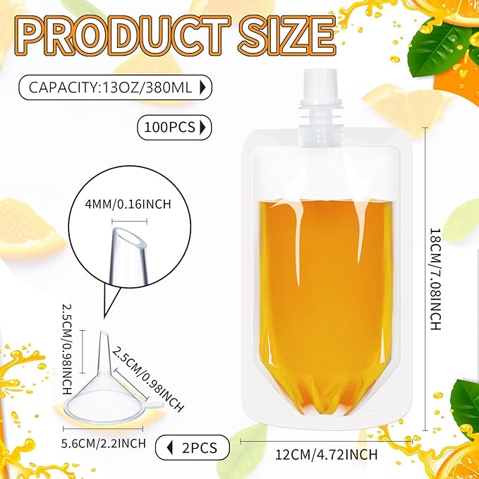 Meanplan 100 Pcs Plastic Pouches Bulk Reusable Squeeze Pouches Clear Plastic Juice Leak Proof Bags with Funnel for Party Favors Supplies(13 oz,Straight Mouth)