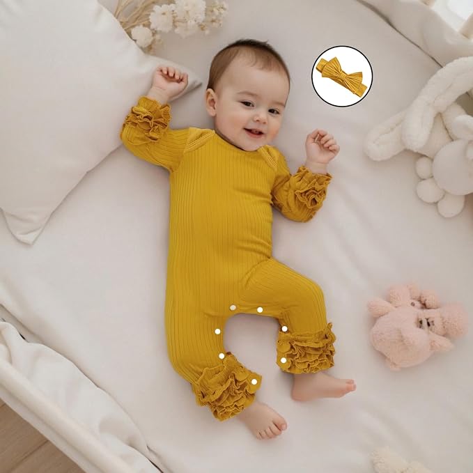 Newborn Baby Girl Clothes Jumpsuit Ruffle Romper Bodysuit Pants Headband - Image 4