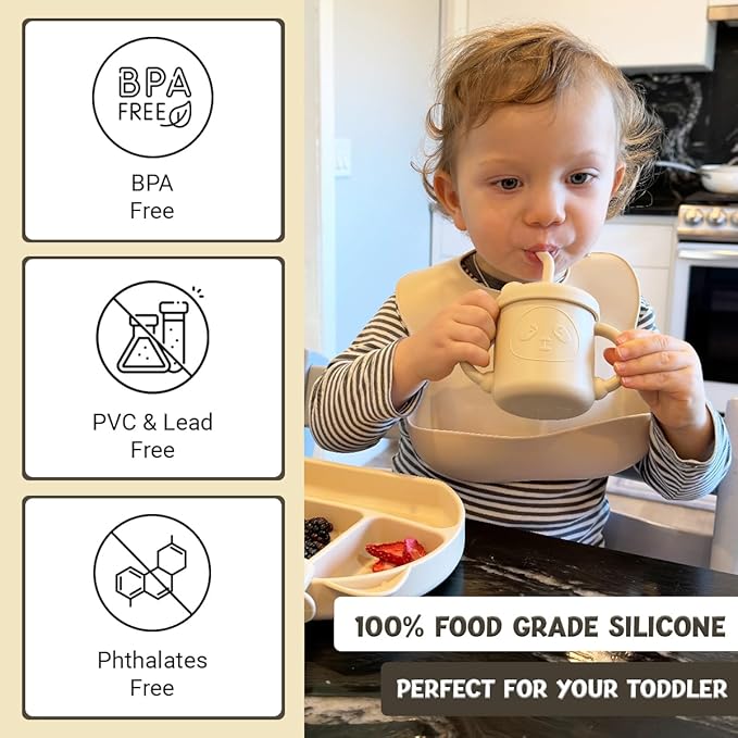 JEVASO Silicone Baby Feeding Set, Baby Led Weaning Supplies, Baby Self Feeding Essentials Suction Bowl Divided Plate Baby Bibs Spoons Forks Sippy Cup Teether, Toddler Eating Utensils for 6+ Months