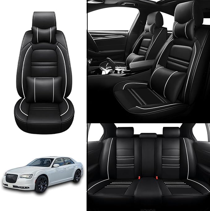 Car Seat Covers for Chrysler Car 300 2005-2023 | 5-Seats Seat Covers, Waterproof Seat Protectors, Automotive Seat Covers (Full Set with Pillow,Black&White Line)