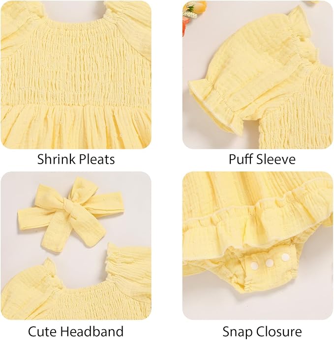GRNSHTS Baby Girl Romper Dress, Puff Sleeve Smocked Outfit - Image 5