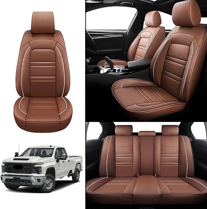 Seat Covers for Chevy Silverado 2500 2007-2025 | 5-Seats Leather Seat Covers, Easy to Install Automotive Seat Covers Full Set (Full Set, Coffee)