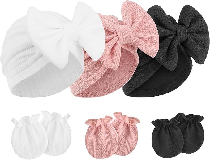 Newborn Baby Hats and Mittens Set Infant Bow Beanie Cap Toddler Gloves Newborn by AQOKKA