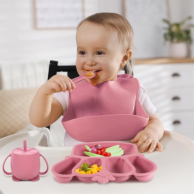 Silicone Baby Feeding Set 10 Pcs Baby Led Weaning Supplies Suction Bowl Divided Plate Baby Bibs Fruit feeder Pacifier Baby Spoons Forks Sippy Cup Utensil Sets Baby Essentials for Newborn （Deep Pink）