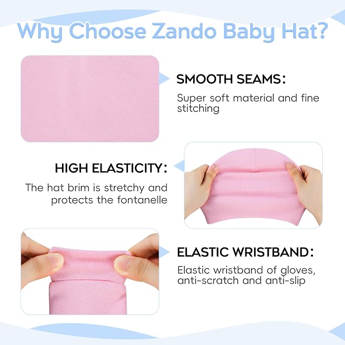 Zando Anti-Scratch Baby Hats Mittens Warm Newborn Infant Boys Girls 0-6M | - Image 3