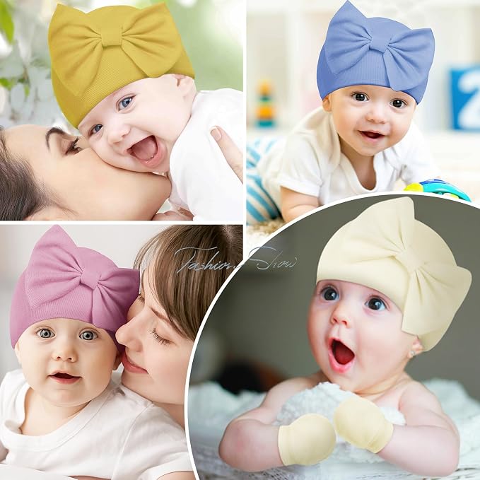 Newborn Baby Girl Hats and Mittens Set, Hospital Hat, Bow Beanie Infant Gift - Image 9