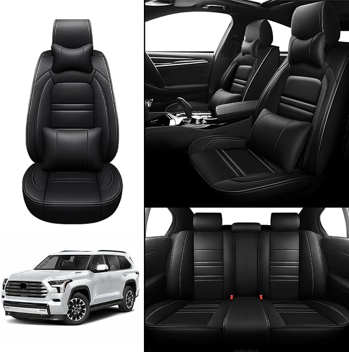 Car Seat Covers for Toyota Sequoia 2008-2025 | 5-Seats Seat Covers, Waterproof Seat Protectors, Automotive Seat Covers (Full Set with Pillow,Black)