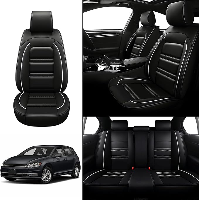 Seat Covers for VW Car Golf 2015-2019 | 5-Seats Leather Seat Covers, Easy to Install Automotive Seat Covers Full Set (Full Set, Black&White Line)