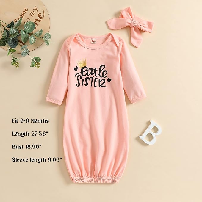 AMAWMW Newborn Baby Girl Little Sister Sleeper Gown Stripe Long Sleeve - Image 4