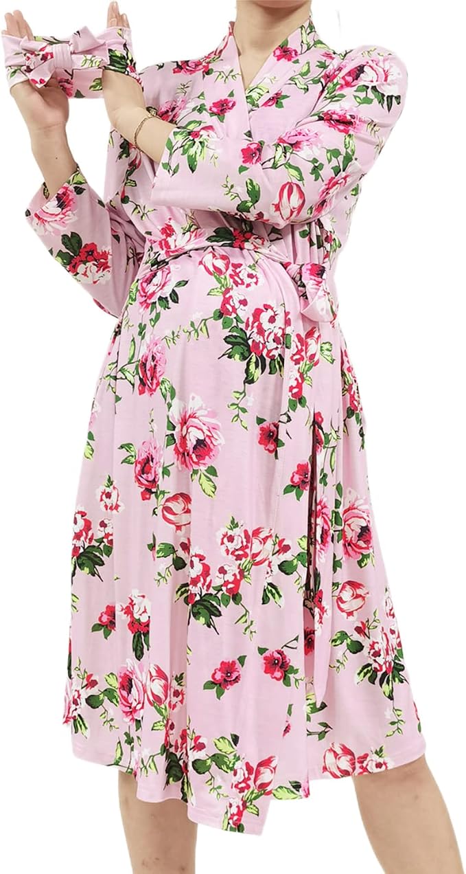 SUFEINI Maternity Robe and Matching Baby Swaddle Blanket Set, Mommy Robe - Image 2