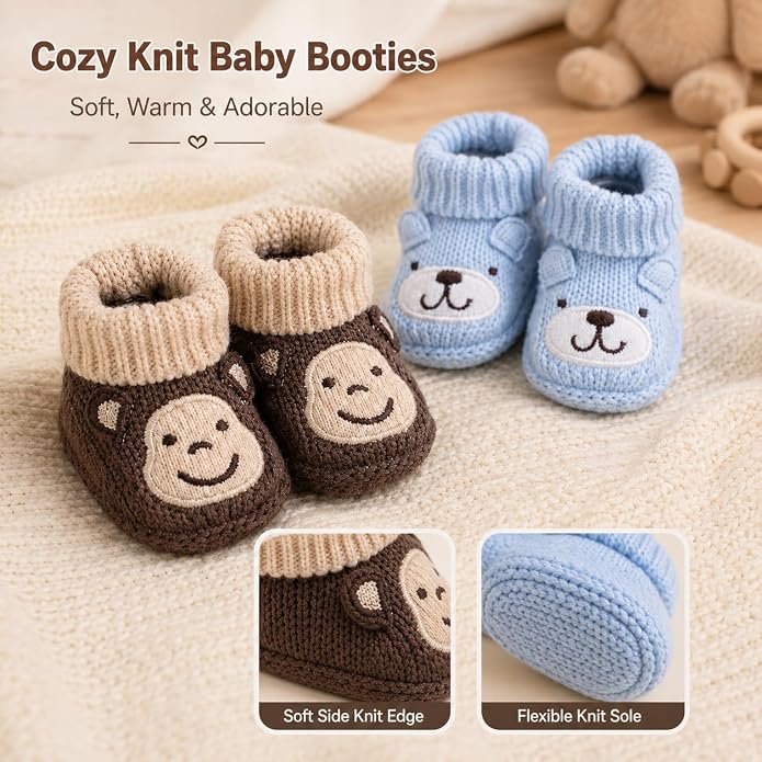 2 Pairs Baby Booties Newborn First Walkers Cozy Shoes Warm Knit Soft Booties - Image 7