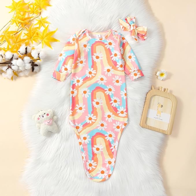 Newborn Baby Girl Floral Sleep Gown Headband Sleepwear Outfit - Image 5