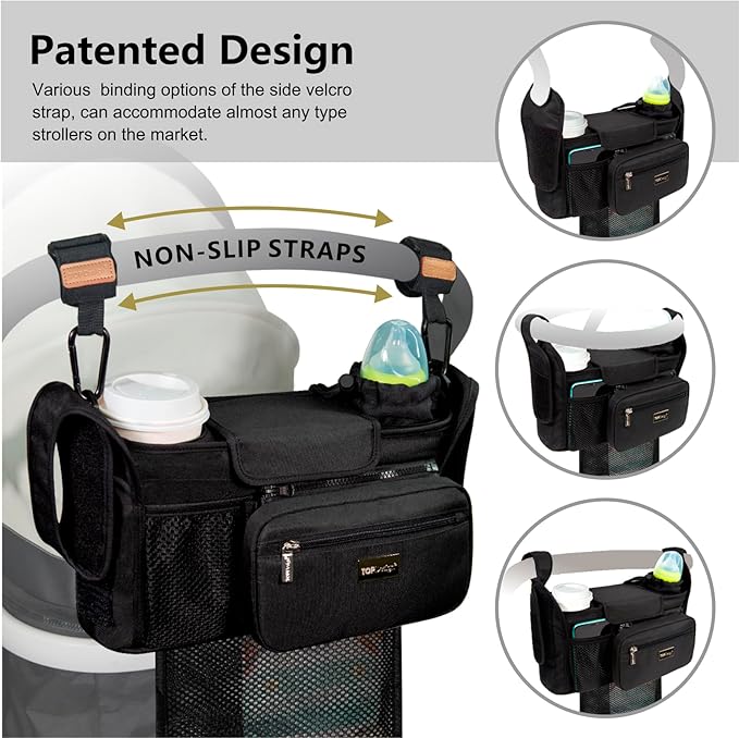 TOPDesign Universal Baby Stroller Organizer, Stroller Caddy with Detachable Mesh Bag & Heightened Insulated Cup Holders & Non-Slip Secure Hooks Accessories, Fits Most Strollers (Green Bandanna)