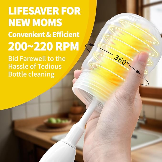 Electric Bottle Brush Cleaner, Portable Electric Baby Bottle Brush Cleaner for Travel, Rechargable Travel Bottle Cleaner Kit with Nipple & Straw Brush, Perfect Mom Essentials After Birth Gift, Yellow