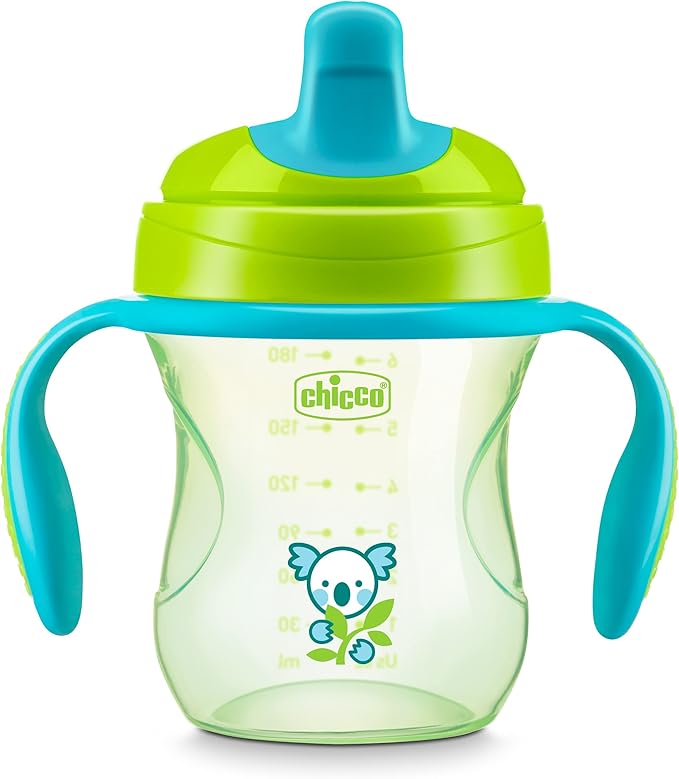Chicco Semi-Soft Trainer with Bite-Resistant Spout and Spill-Free Lid 7oz.| Removable, Non-Slip Handles | Top-Rack Dishwasher Safe | Easy to Hold Ergonomic Indents | Green| 6+ months