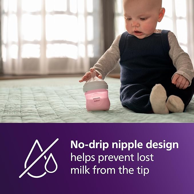 Philips Avent Natural Baby Bottles with Natural Response Nipples (Slow Flow, Flow 2), 4oz, Pink, 4-Pack, SCY900/14