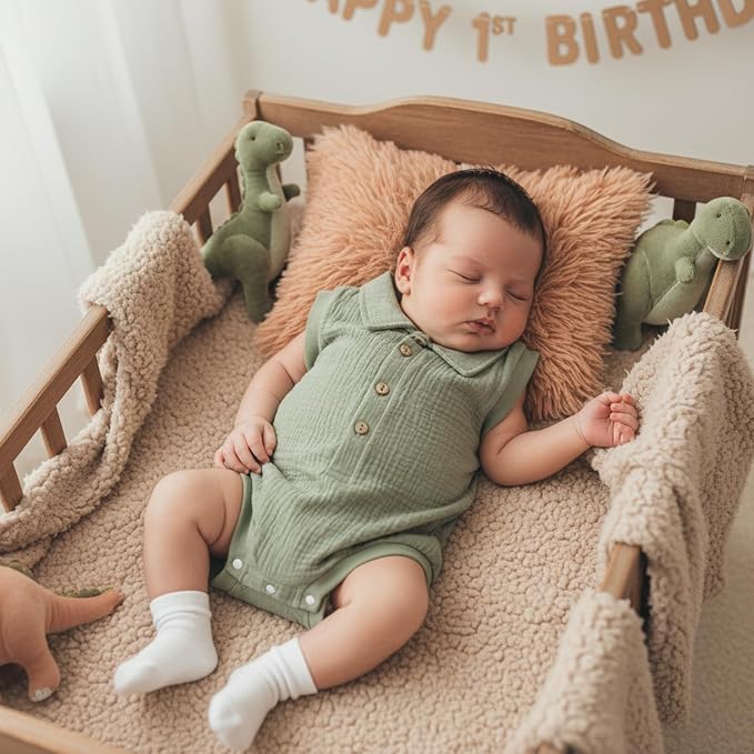 Honganda Newborn Baby Boy Cotton Linen Romper Short Sleeve Lapel Collar Button - Image 2